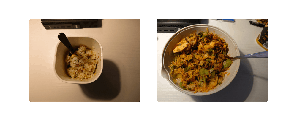 左面是带包装的拌饭，右面是我自己加了点料之后的效果，拌了点香菜和熟食进去，再换个容器画面效果一下子就不一样了。